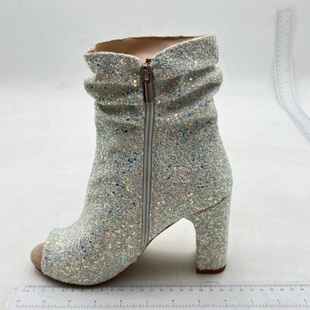 White Glitter Stylish Peep Toe Slouch Ankle Boots Chunky Heels Party Prom Shoes
